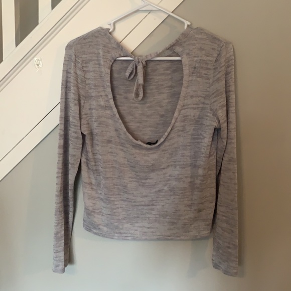 Gray Round Neck Top With Tie Open Back - Picture 2 of 5